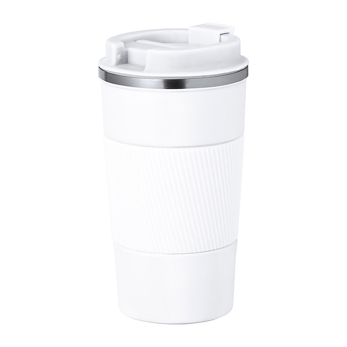 Vaso térmico en acero inox de doble pared y 400 ml de capacidad. Con dosificador en tapa y abrefácil, banda de silicona a juego y base antideslizante. Libre de BPA.