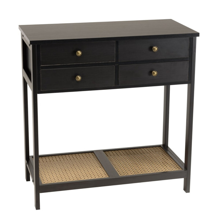 CHARLIE - Console noire 4 tiroirs 1 étagère effet cannage