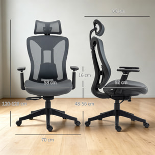 Vinsetto Silla de Oficina de Malla Silla de Escritorio Reclinable con Reposacabezas Ajustable Soporte Lumbar y Reposabrazos 3D Carga 150 kg 70x66x120-128 cm Gris
