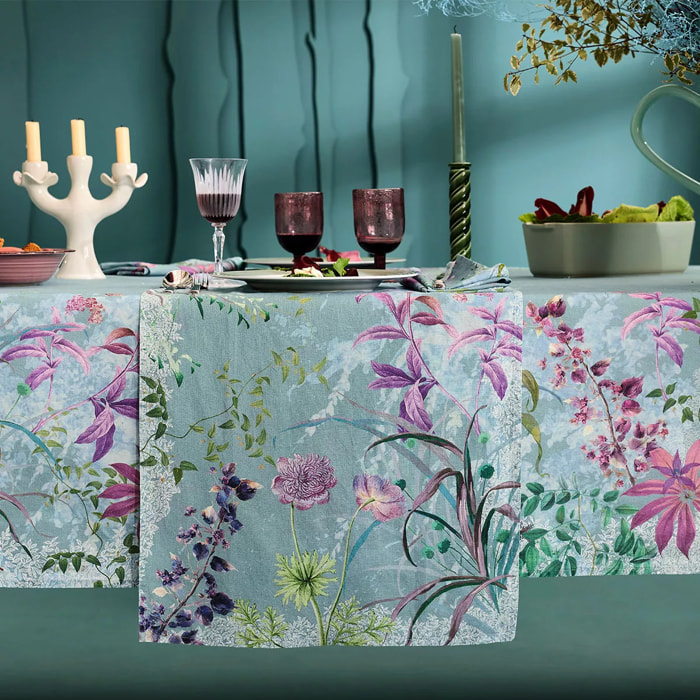 Chemin de table lin & coton lavé 150 g/m² imprimé bleu violet Ombres boisees givre