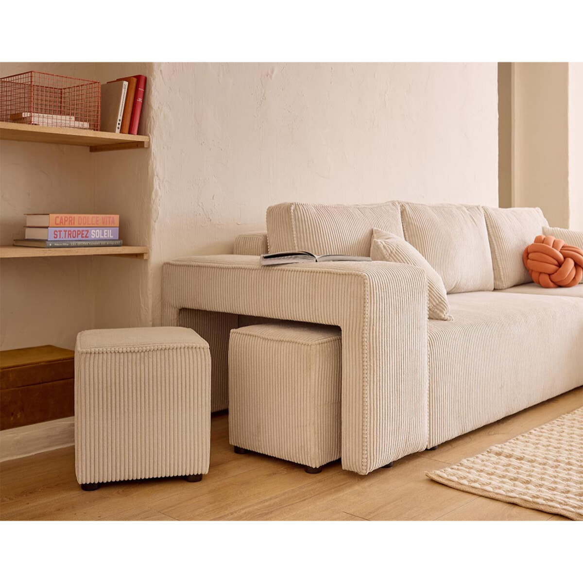 Topaze - canapé d'angle réversible 4 places - convertible avec coffre, tablette et poufs - en velours côtelé - Beige