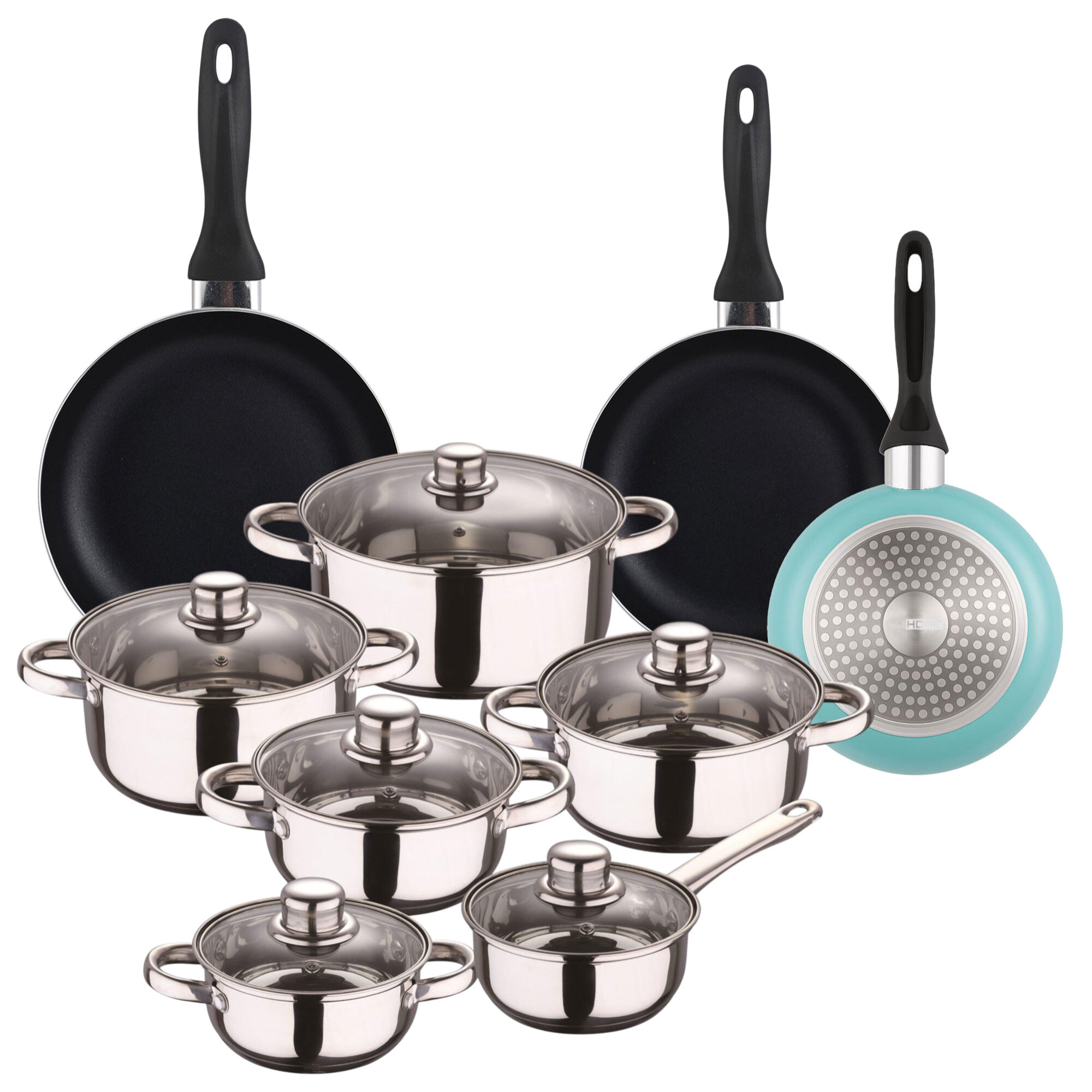 set de batería de cocina de 12pc en acero inoxidable + 3 sartenes ø16ø20ø24cm azul mate en aluminio prensado
