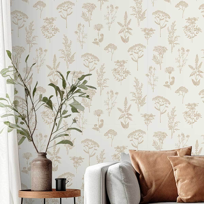 Papier peint herbier fleurs beige minimaliste