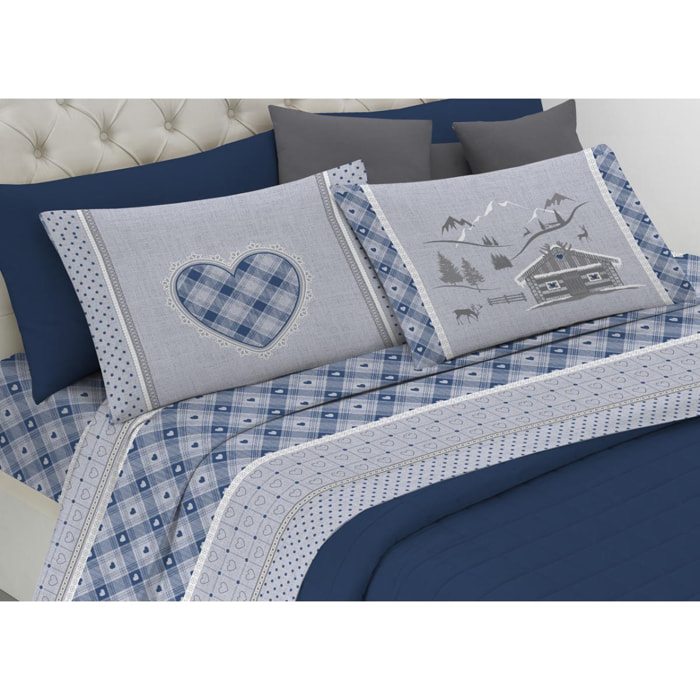 Completo Lenzuola In 100% Cotone Chalet Blu