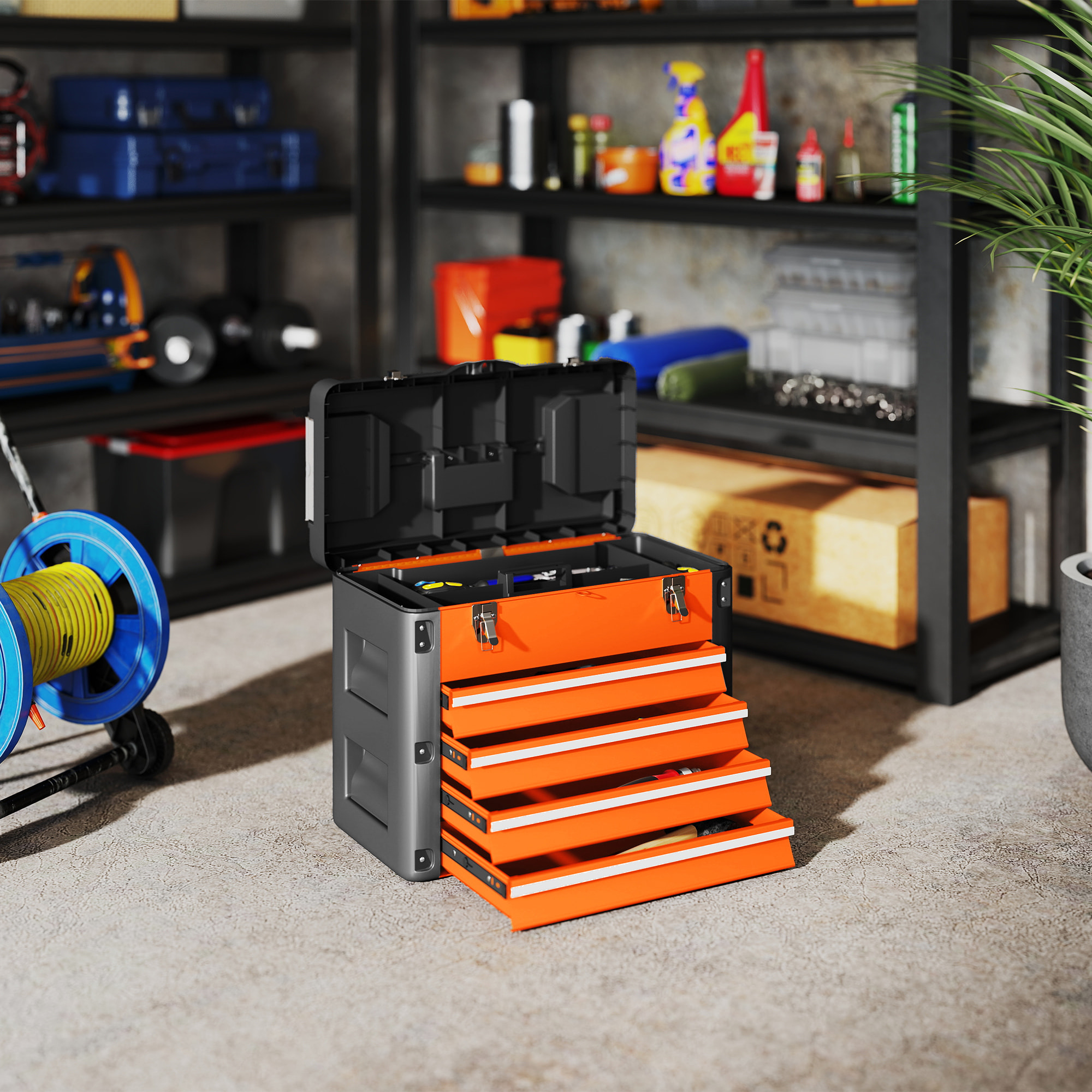 Boîte à outils 4 tiroirs plateau amovible 2 boites visserie acier PP noir orange
