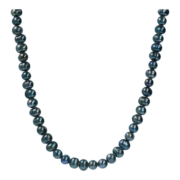 PERLAVIVA - Collana Girocollo in Argento 925 placcato Rodio con Perle d'Acqua Dolce Verde Petrolio Ø 7/8 mm