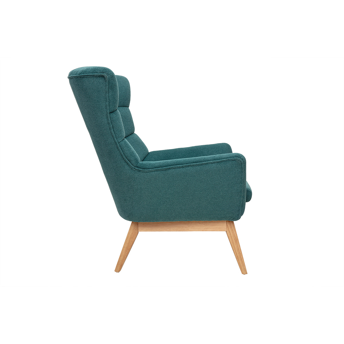 Fauteuil scandinave en tissu chenille bleu canard et bois clair BRODY