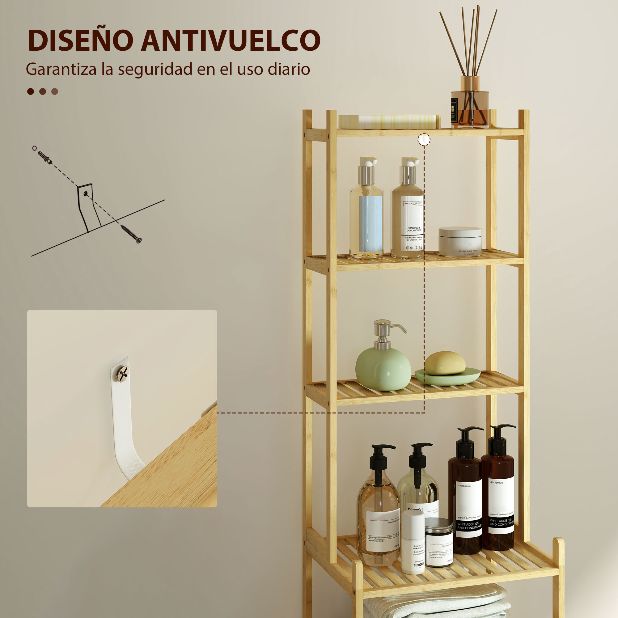 Estantería de Baño de Bambú de 7 Niveles, Estantería de Almacenaje Diseño de Lamas para Cocina, Baño, Salón, 44x33x180 cm, Natural