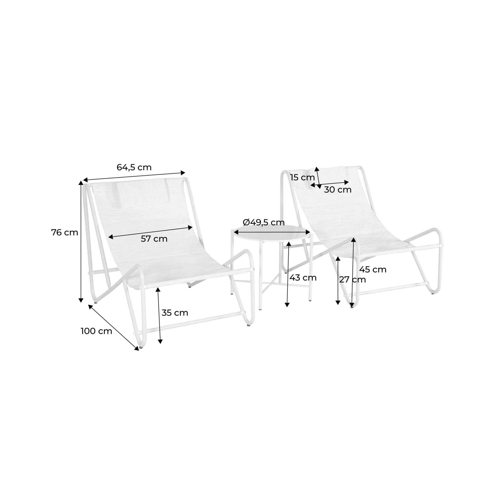 Set de 2 fauteuils relax avec table ronde en acier SALINA