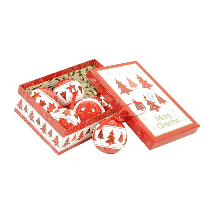 Box 6 sfere natalizie, Ornamenti fantasia alberi, Set assortimento palline di Natale, Scatola set albero di Natale, Diametro 7.5 cm, colore Bianco e Rosso
