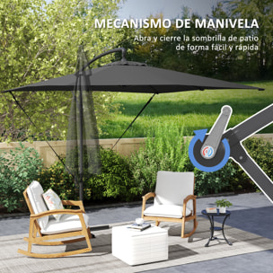 Parasol Excéntrico 247x247 cm Sombrilla de Jardín con Base Cruzada Cubierta Ajustable Manivela Funda Protectora y Cuerda de Viento Anti-UV 50+ Sombrilla para Terraza Patio Gris Oscuro