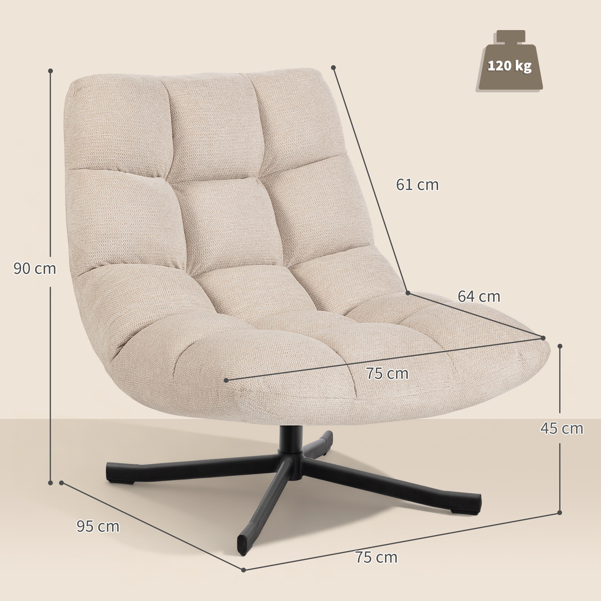 Sillón Giratorio Moderno, Butaca de Salón con Base de Cruz, Tapizado en Chenilla Impermeable, Asiento Extra Ancho y Patas de Acero, Sillón Relax para Sala de Estar, Dormitorio, Blanco Crema