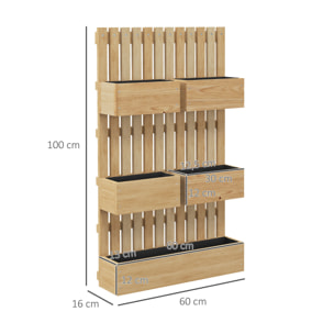 Jardinera de Pared con Enrejado, Jardinera Exterior Grande de Madera con 5 Macetas Móviles, Tela no tejida y Orificios de Drenaje, para Exterior, Jardín, Terraza, Patio, 60x16x100 cm, Natural