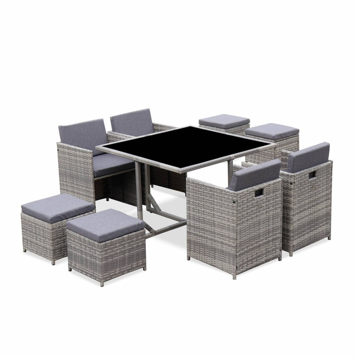 Table de jardin encastrable résine tressée + 8 assises – Vabo – Coloris nuances de gris. Coussins gris chiné. table encastrable