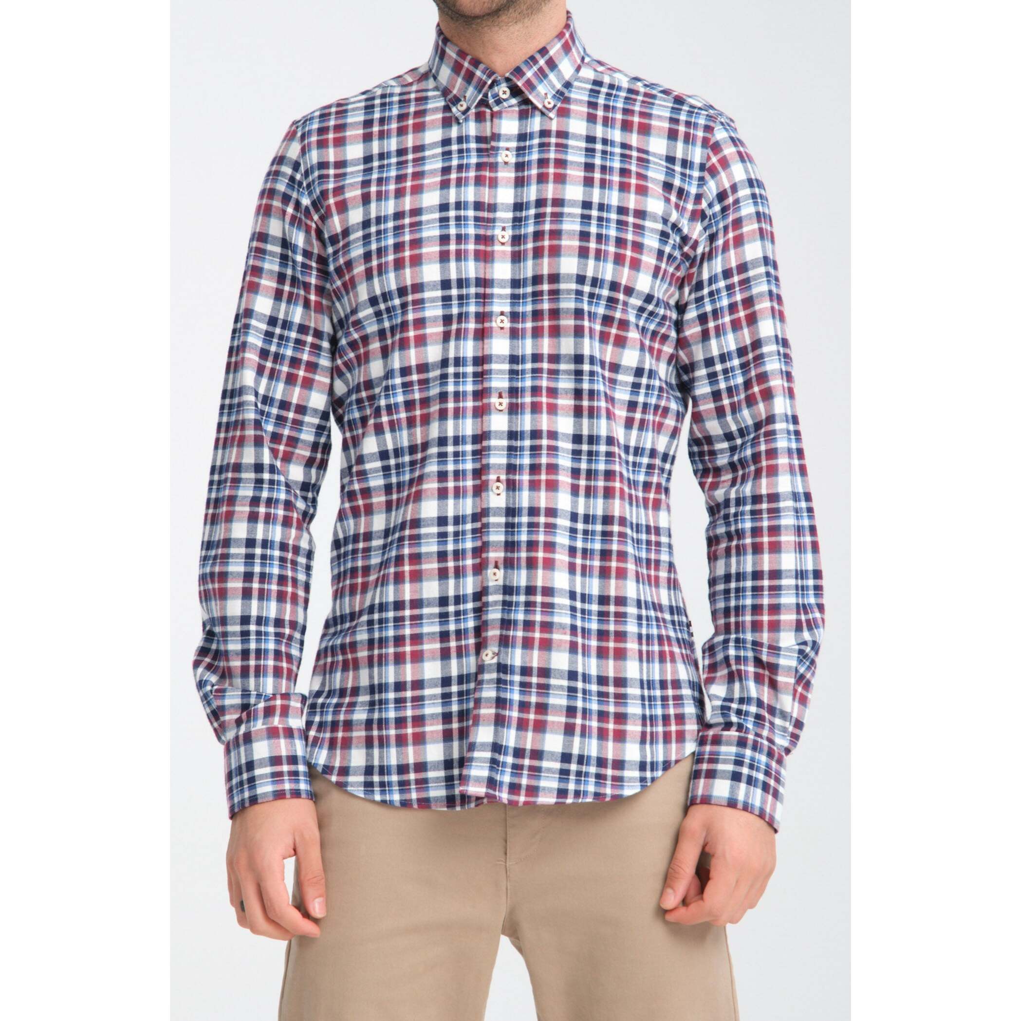 camicia uomo 1 bottone button down slim Flanella Quadro Medio Blu/Bordeaux