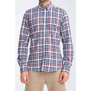 camicia uomo 1 bottone button down slim Flanella Quadro Medio Blu/Bordeaux
