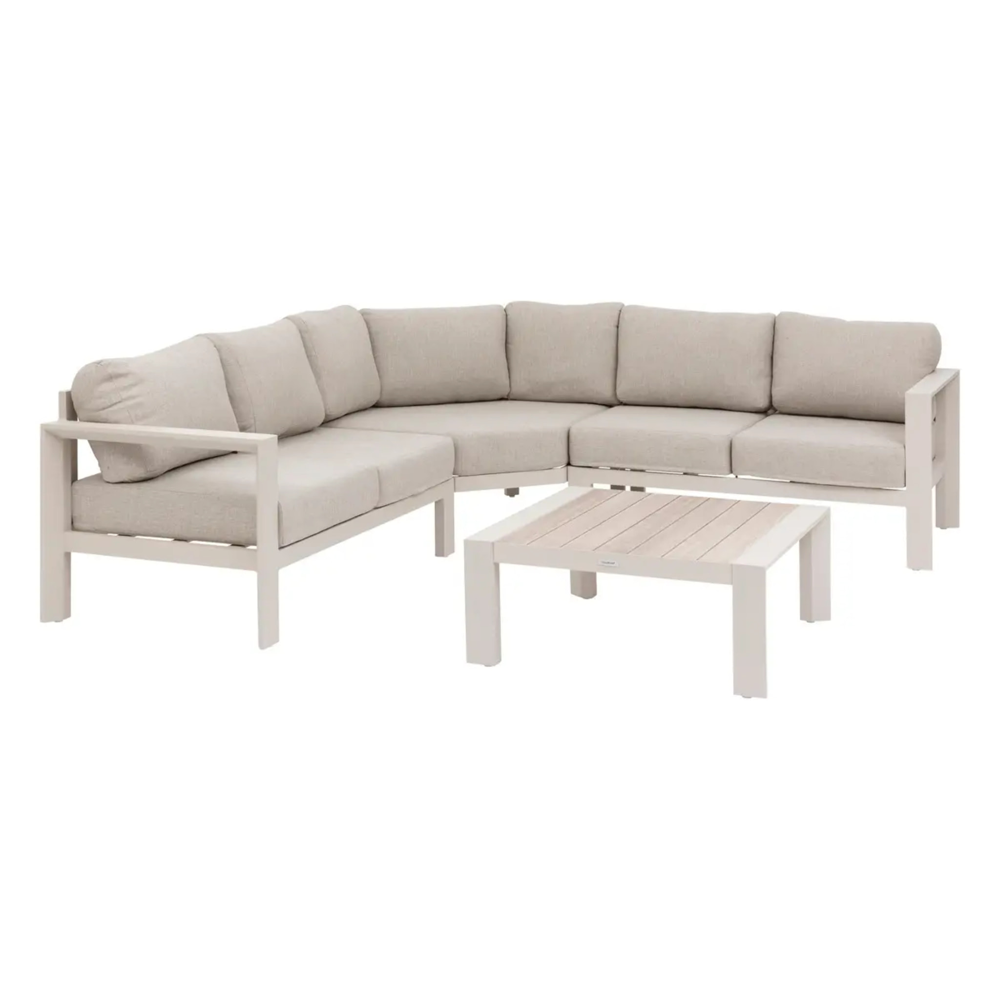 Salon d'angle de jardin "Évasion" argile & lin 5 places en oléfine et aluminium