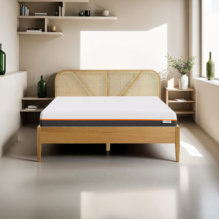 Lit en bois et cannage + Matelas double confort - LEONIE & DUAL CONFORT