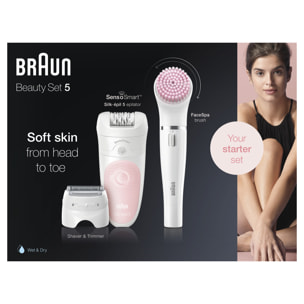 Braun Épilateur Silk Épil 5 - Avec Brosse Visage - Blanc/Rose