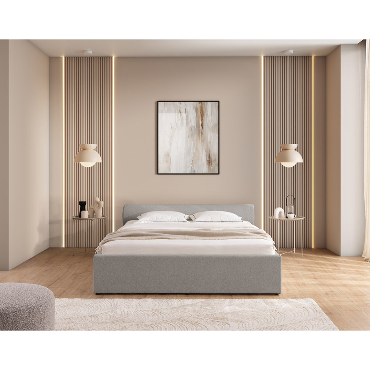 Billy - lit coffre - 160x200 cm - en tissu texturé - sommier inclus - Gris