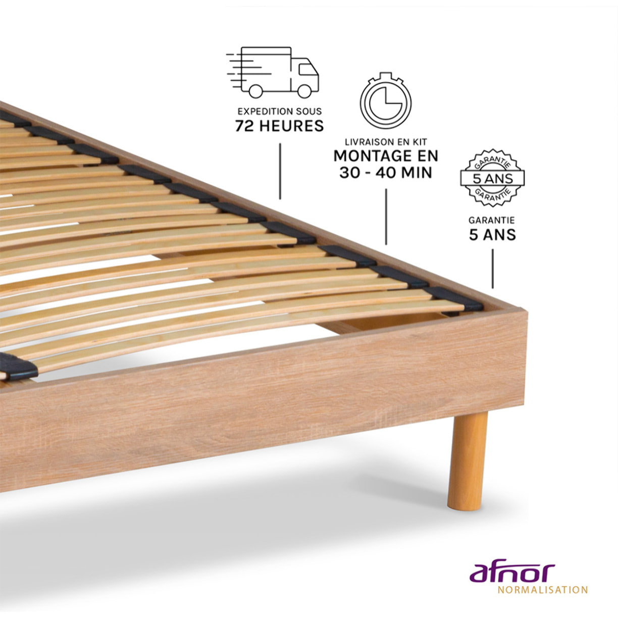 Sommier à Lattes Apparentes MDF & Bois Massif, Robuste, Aération Optimale