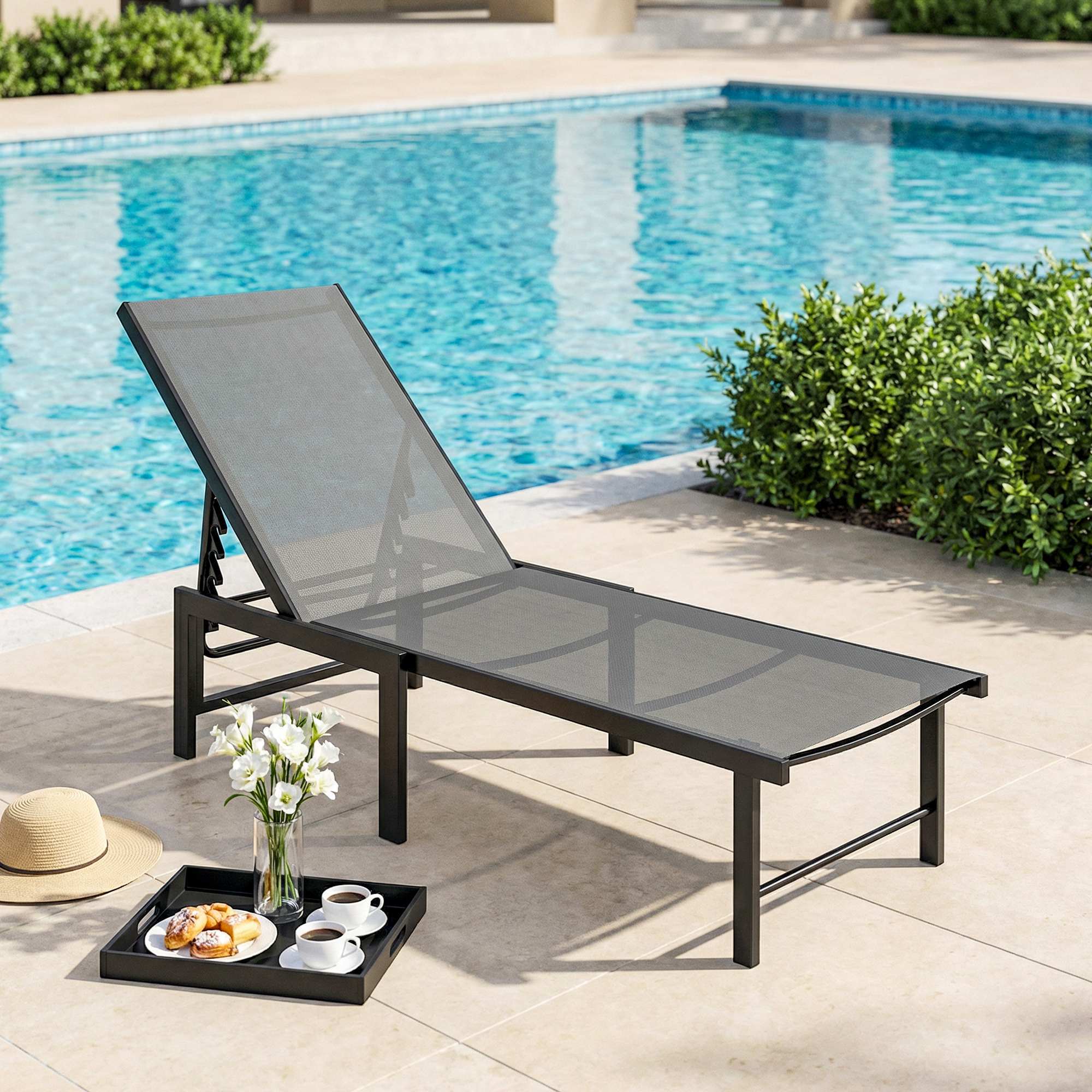 Tumbona Jardín Exterior, Tumbona Reclinable con Respaldo Ajustable en 5 Niveles y Estructura de Acero, Impermeable, Carga 120 kg, para Patio, Terraza, Balcón, 166x60x84 cm, Gris