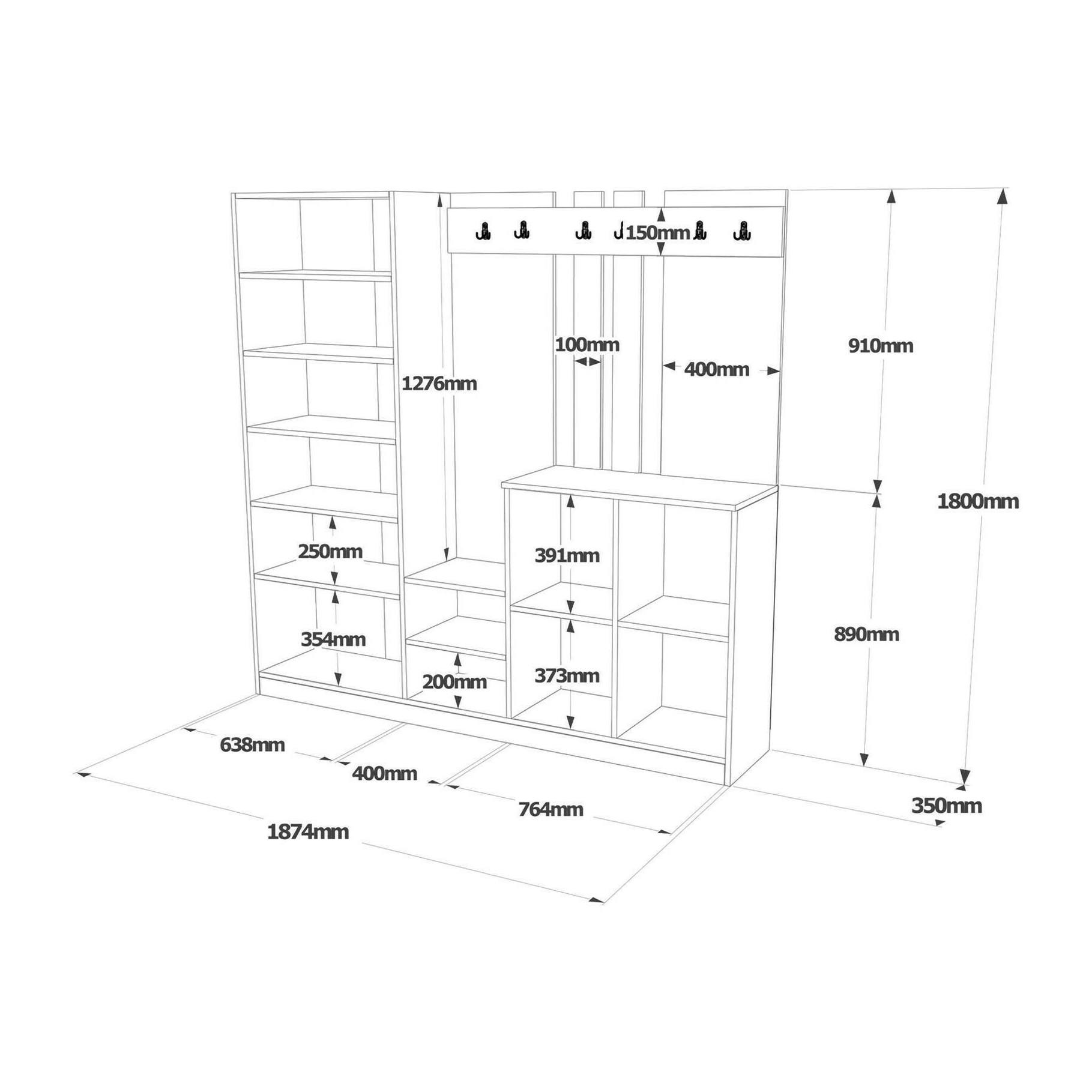 Mobile da ingresso Dnikolao, Entratina appendiabiti, Composizione per atrio, Consolle portaoggetti multifunzione, 187x38h180 cm, Quercia e Bianco