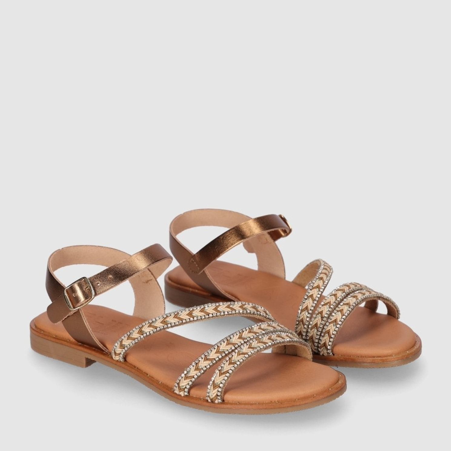 Sandalias de Piel - Bronce - Tacón: Bajo