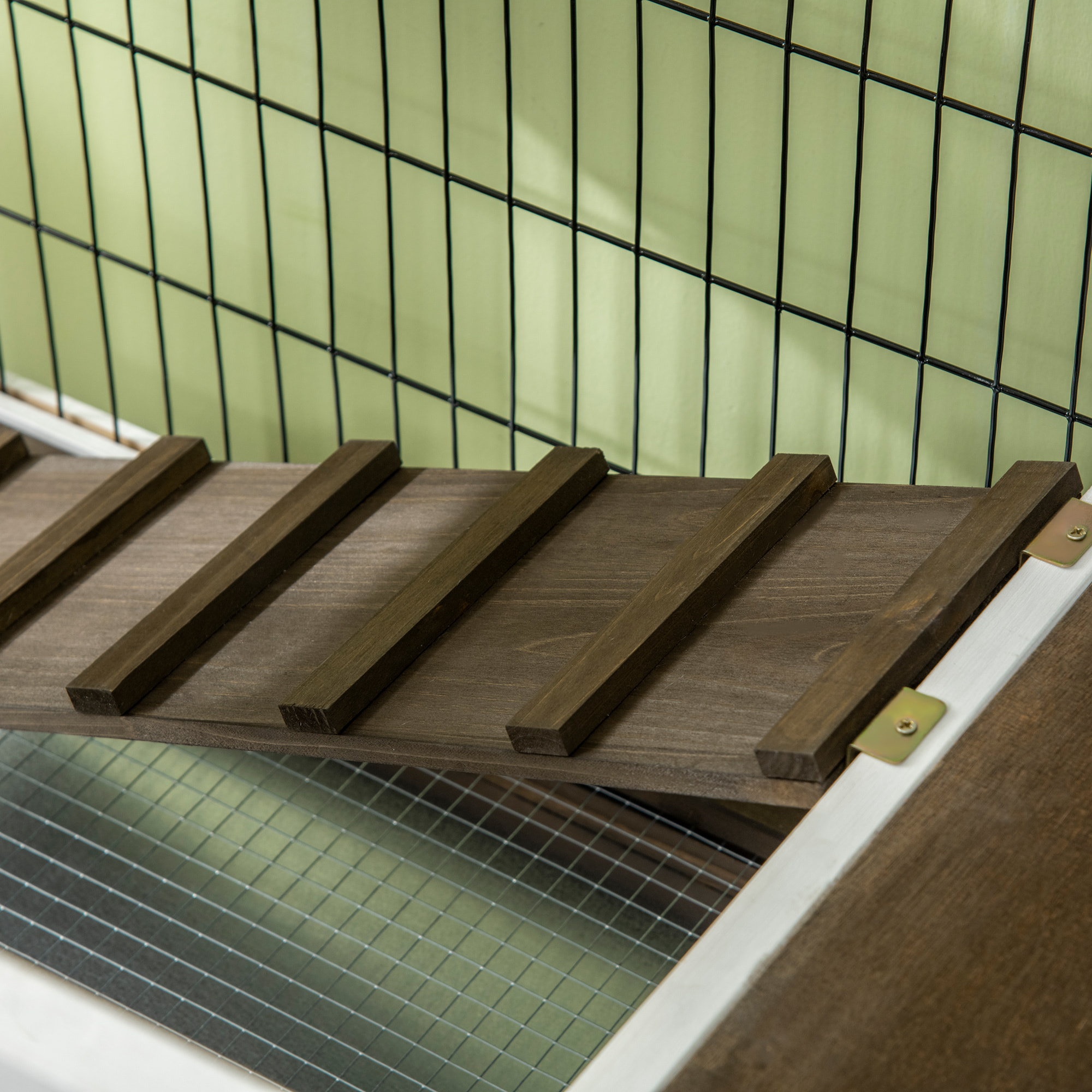 Clapier cage à lapin - 2 portes verrouillables, toit ouvrant, plateau excrément - bois foncé blanc