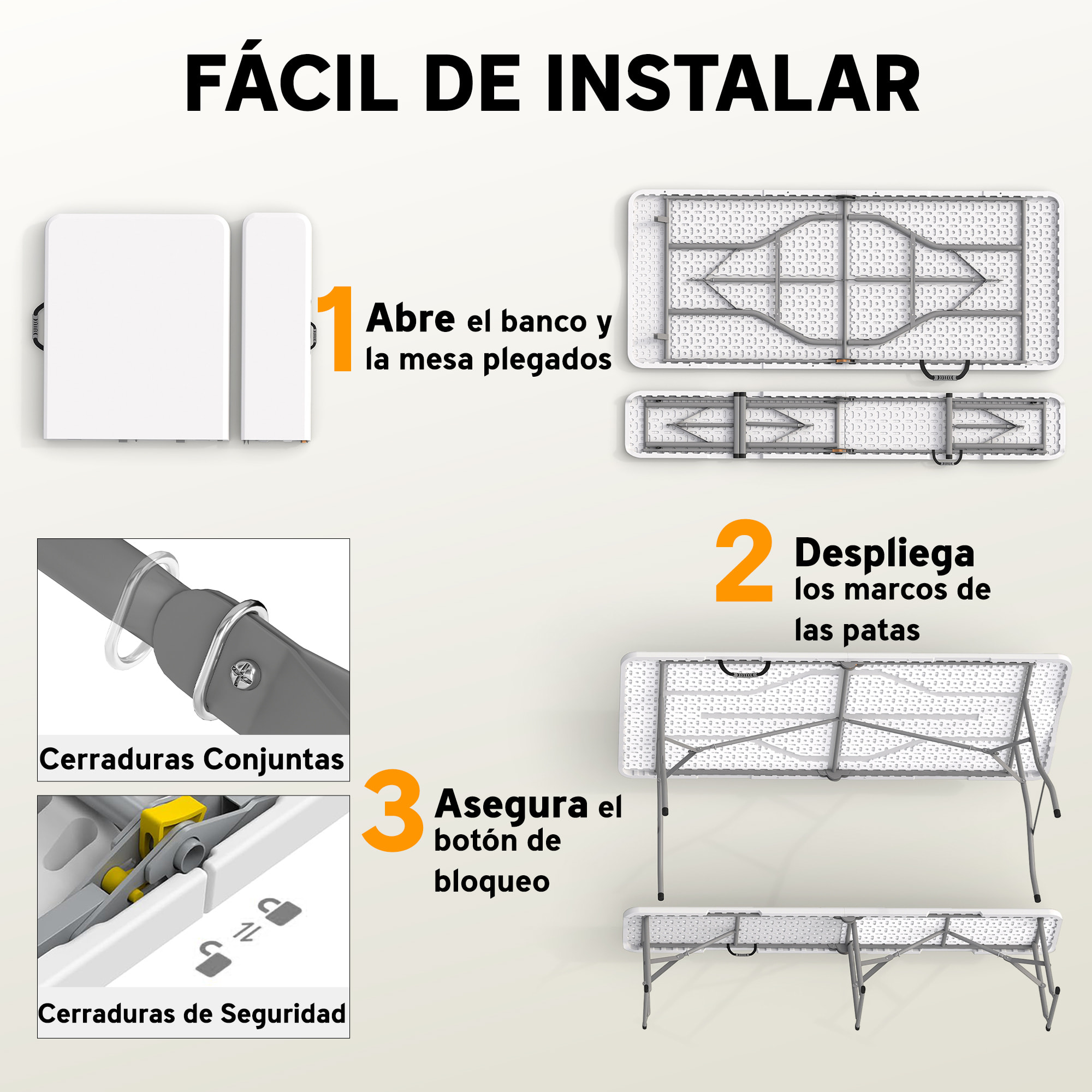 Conjunto de Camping Plegable de 3 Piezas, Mesa Plegable Camping con Bancos, Incluye 1 Mesa de Camping 180x74x74 cm y 2 Bancos, Asas, Impermeable, para Acampadas, Jardín, Pícnic, Blanco