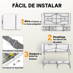 Conjunto de Camping Plegable de 3 Piezas, Mesa Plegable Camping con Bancos, Incluye 1 Mesa de Camping 180x74x74 cm y 2 Bancos, Asas, Impermeable, para Acampadas, Jardín, Pícnic, Blanco