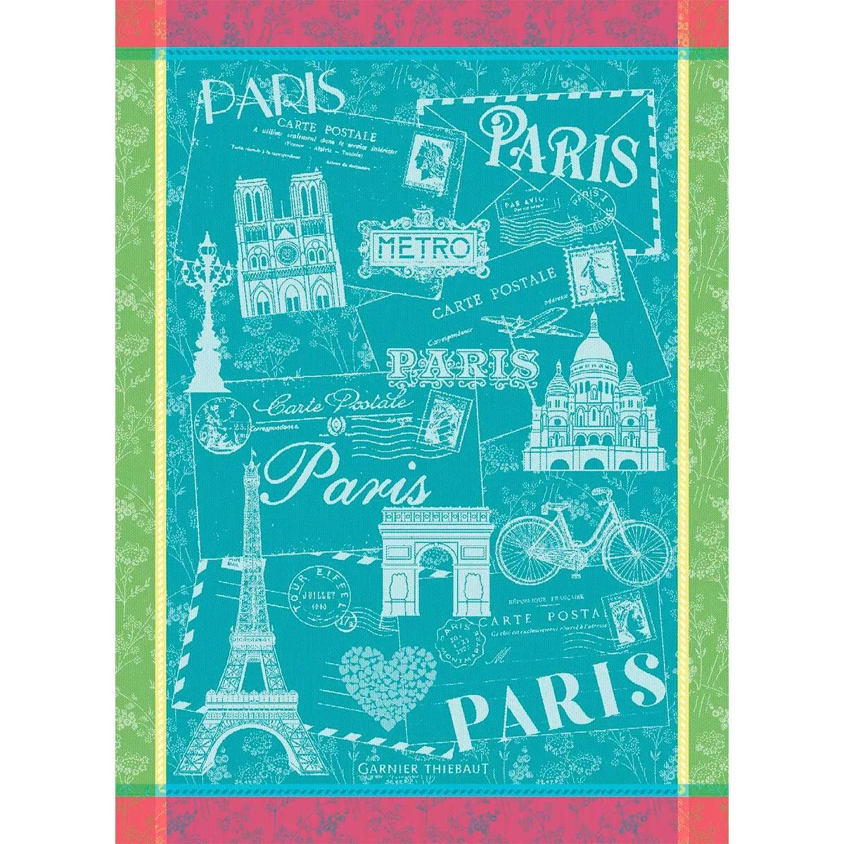 Torchon pur coton motif jacquard vert canard Carte de paris emeraude