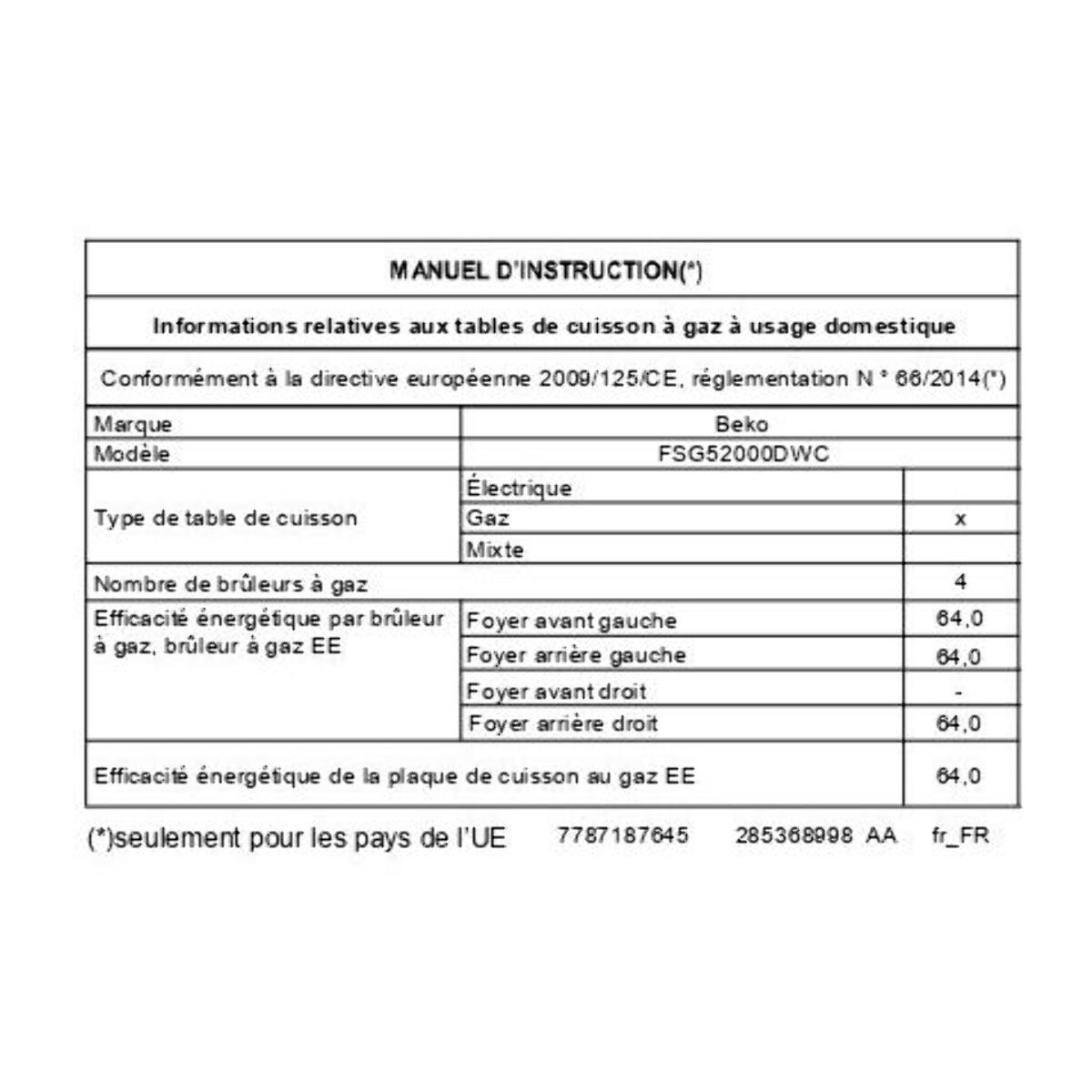 Cuisinière gaz BEKO FSG52000DWC