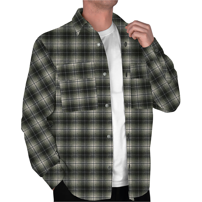 Camicia Uomo Oversize Flanella Quadro Grande Tortora Verde Militare