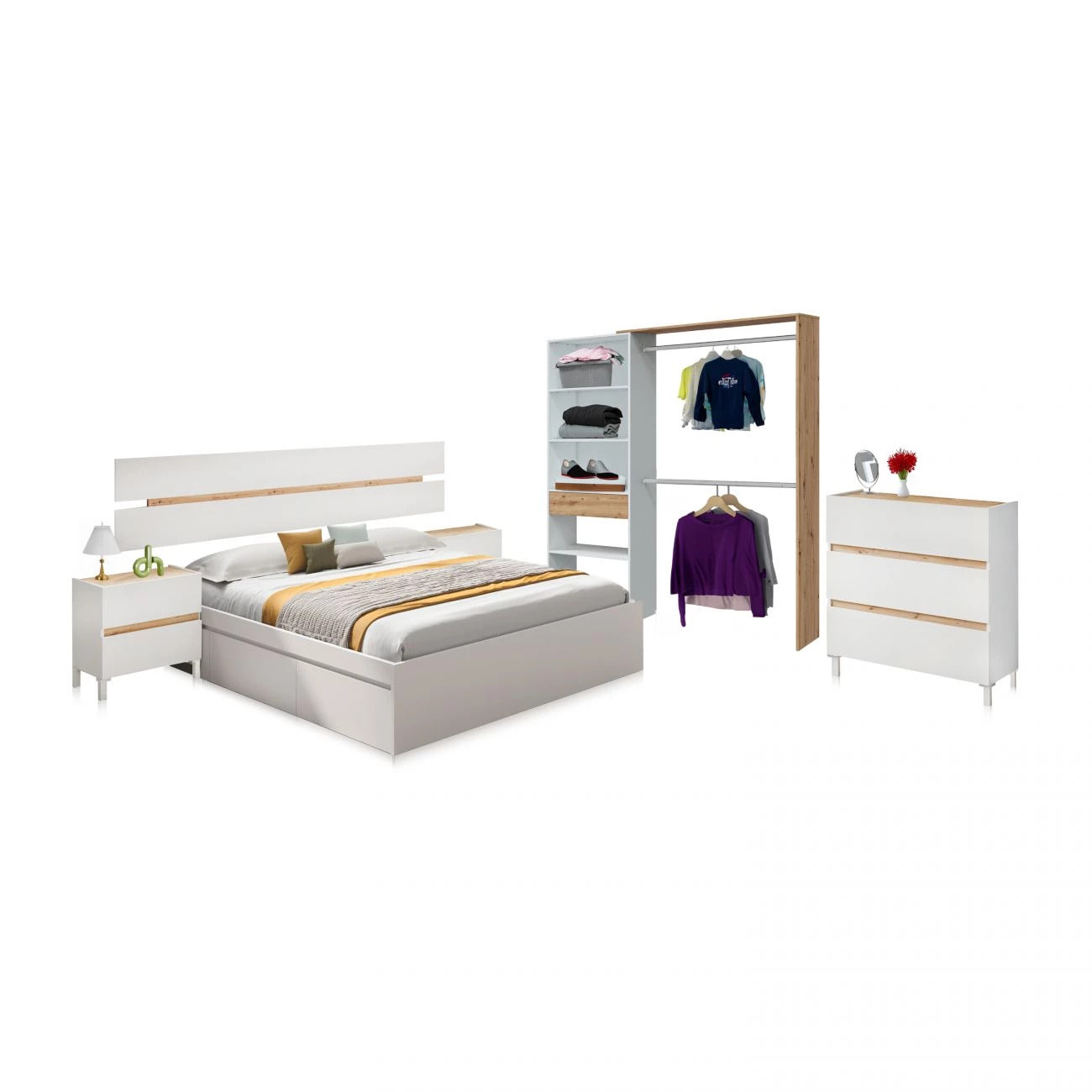 Dormitorio Ezra 3C Max V2 Blanco Artik (Blanco Mate) - Roble Nodi