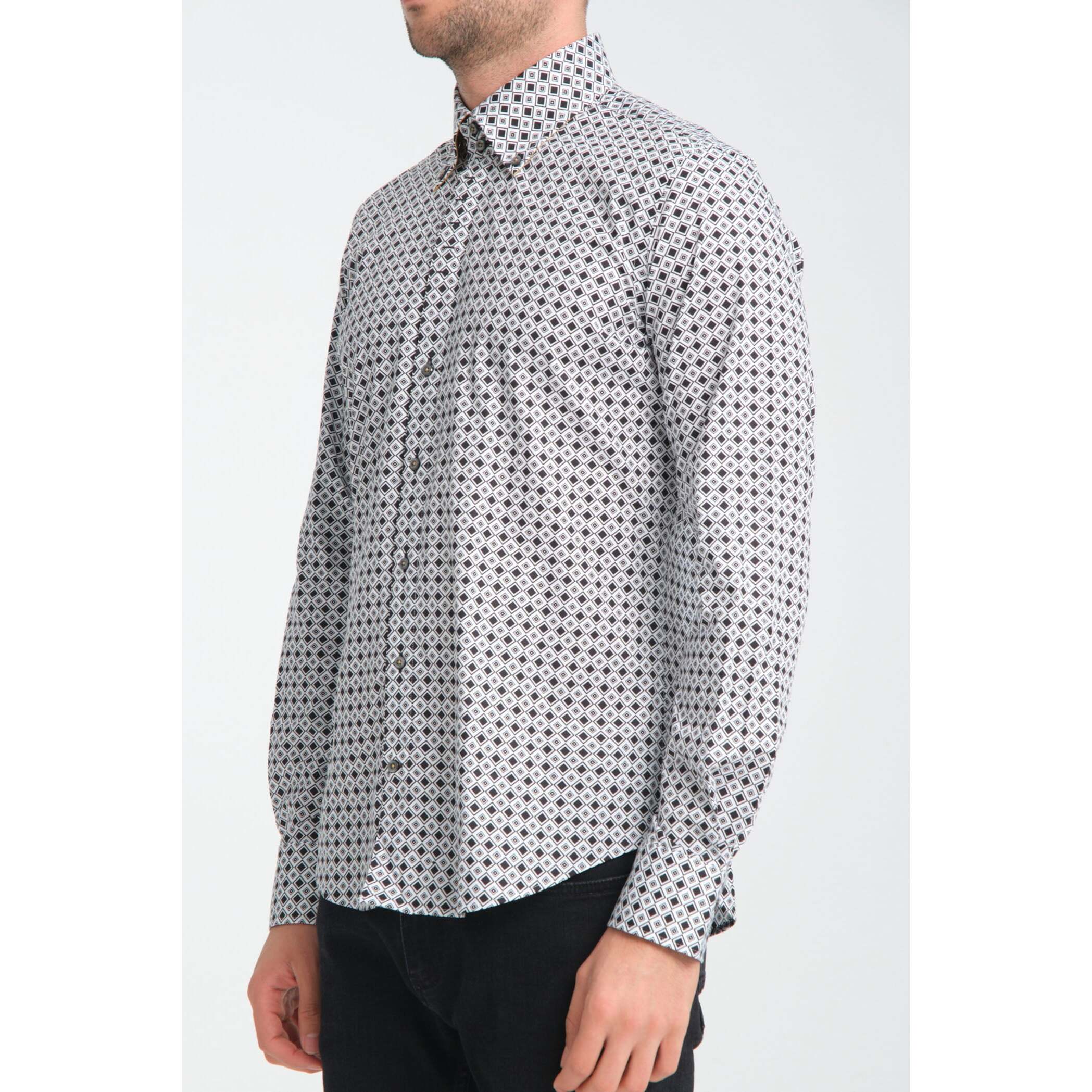 Camicia Uomo 2 Bottoni Button Down Slim Popeline Stretch Stampato Bianco/Nero