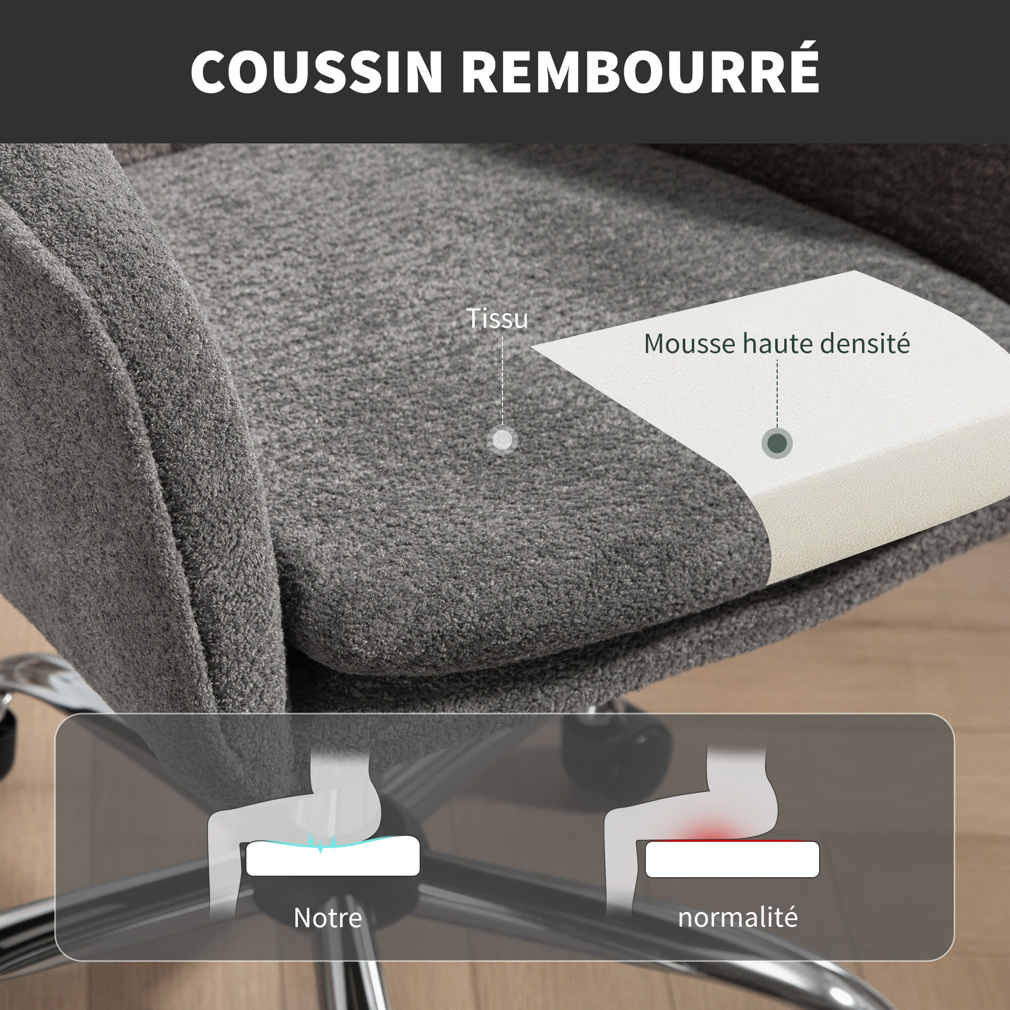 Chaise de bureau design bouclette gris piètement acier chromé