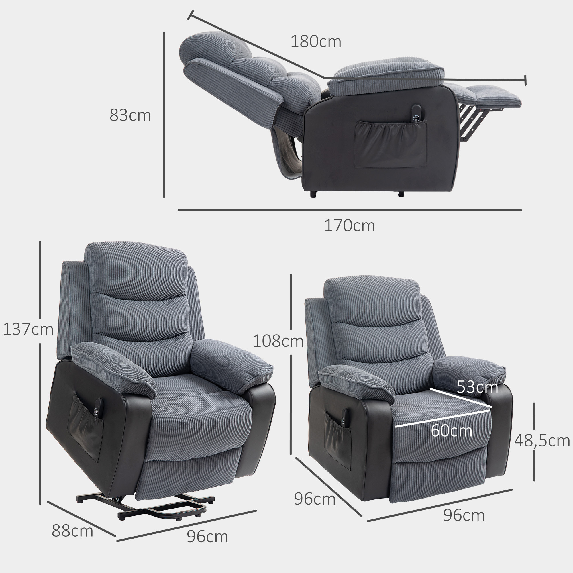 Sillón Relax Reclinable Eléctrico Levanta Personas Mayores, Sillón Elevador, con Puerto USB, Asiento Ancho 60 cm, Control Remoto, Reposapiés, Tapizado en Pana y Cuero, Bolsillos, Gris Oscuro