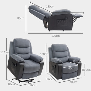Sillón Relax Reclinable Eléctrico Levanta Personas Mayores, Sillón Elevador, con Puerto USB, Asiento Ancho 60 cm, Control Remoto, Reposapiés, Tapizado en Pana y Cuero, Bolsillos, Gris Oscuro
