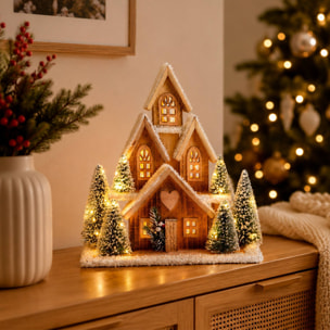 Casa navideña de madera con led blanco cálido y 6 árboles nevados, temporizador 6h 32x12x33 cm