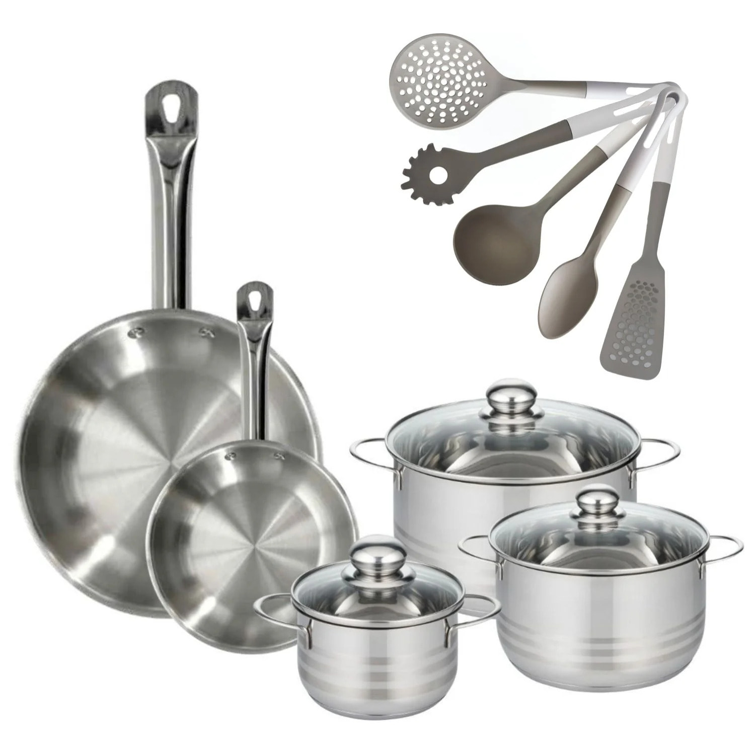 Lot de 2 Poêles en inox 20/28 cm Fackelmann Eterna avec 3 Faitouts 16/20/24 cm et 5 ustensiles