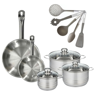 Lot de 2 Poêles en inox 20/28 cm Fackelmann Eterna avec 3 Faitouts 16/20/24 cm et 5 ustensiles