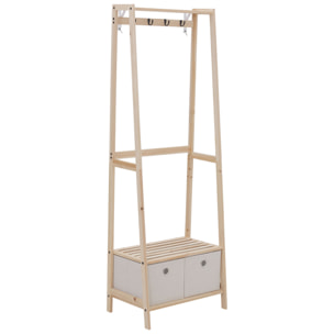 HOMCOM Perchero de Madera con Zapatero de 2 Estantes Perchero de Pie con 2 Cajones de Tela 4 Ganchos y Barra para Colgar Ropa Bolsas para Entrada Salón 58x36x168 cm Natural