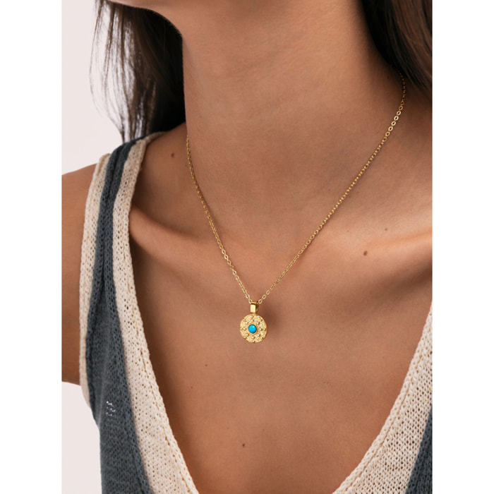 Collar Medallion Aqua Acero Baño Oro