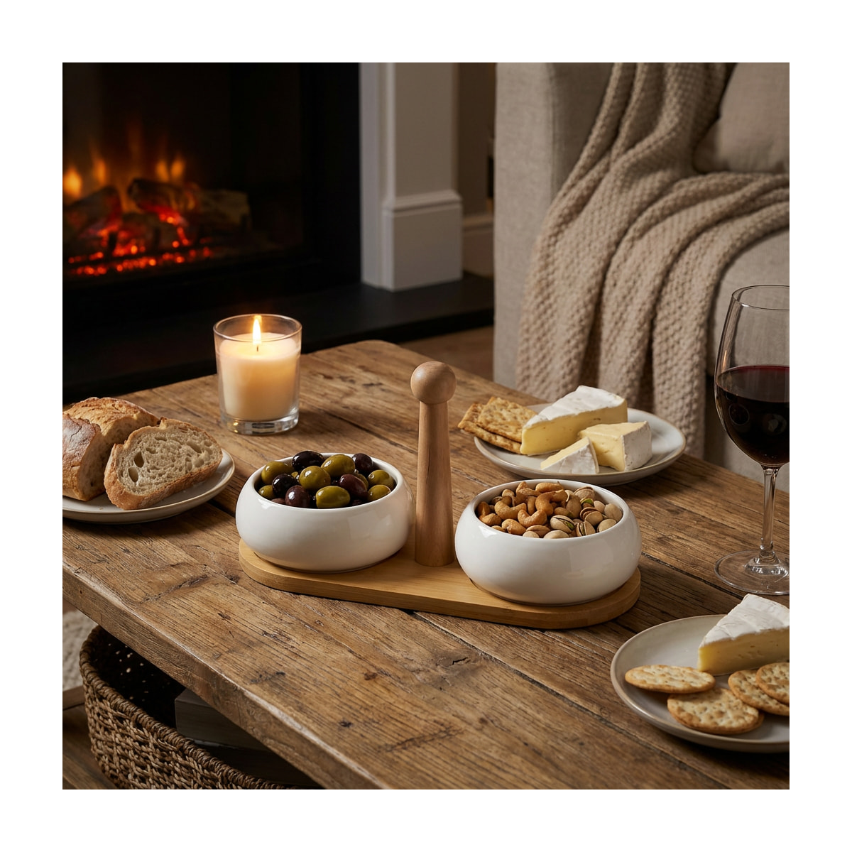 Tapas - Set de 2 coupelles apéritives en céramique avec plateau en bambou