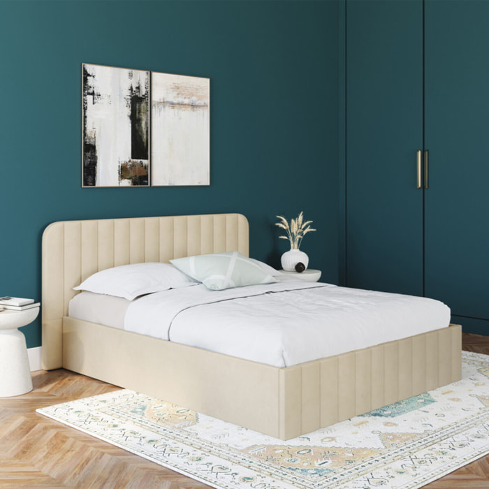 Lit coffre Valentina avec sommier et tête de lit - Velours beige