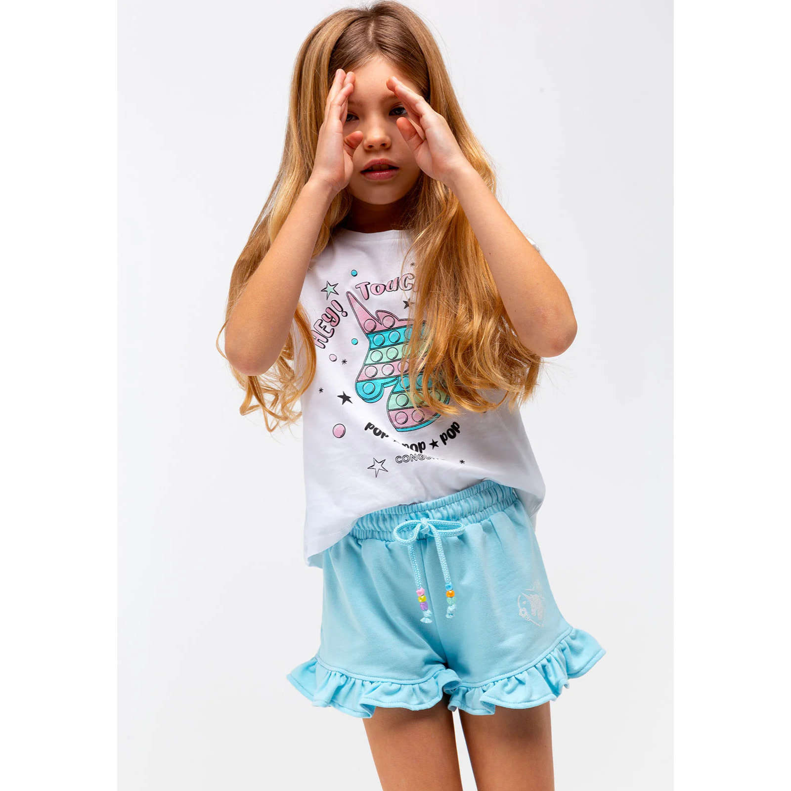 Pantalón Corto de Felpa Unicornio Azul Claro para Niña