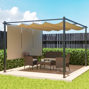 Pérgola de Jardín 4x3 m con Techo Retráctil y 3 Laterales Enrollables, Cenador de Jardín Montado en Pared o Independiente, con UPF30+, Estructura Metálica, Pabellón para Exterior, Beige