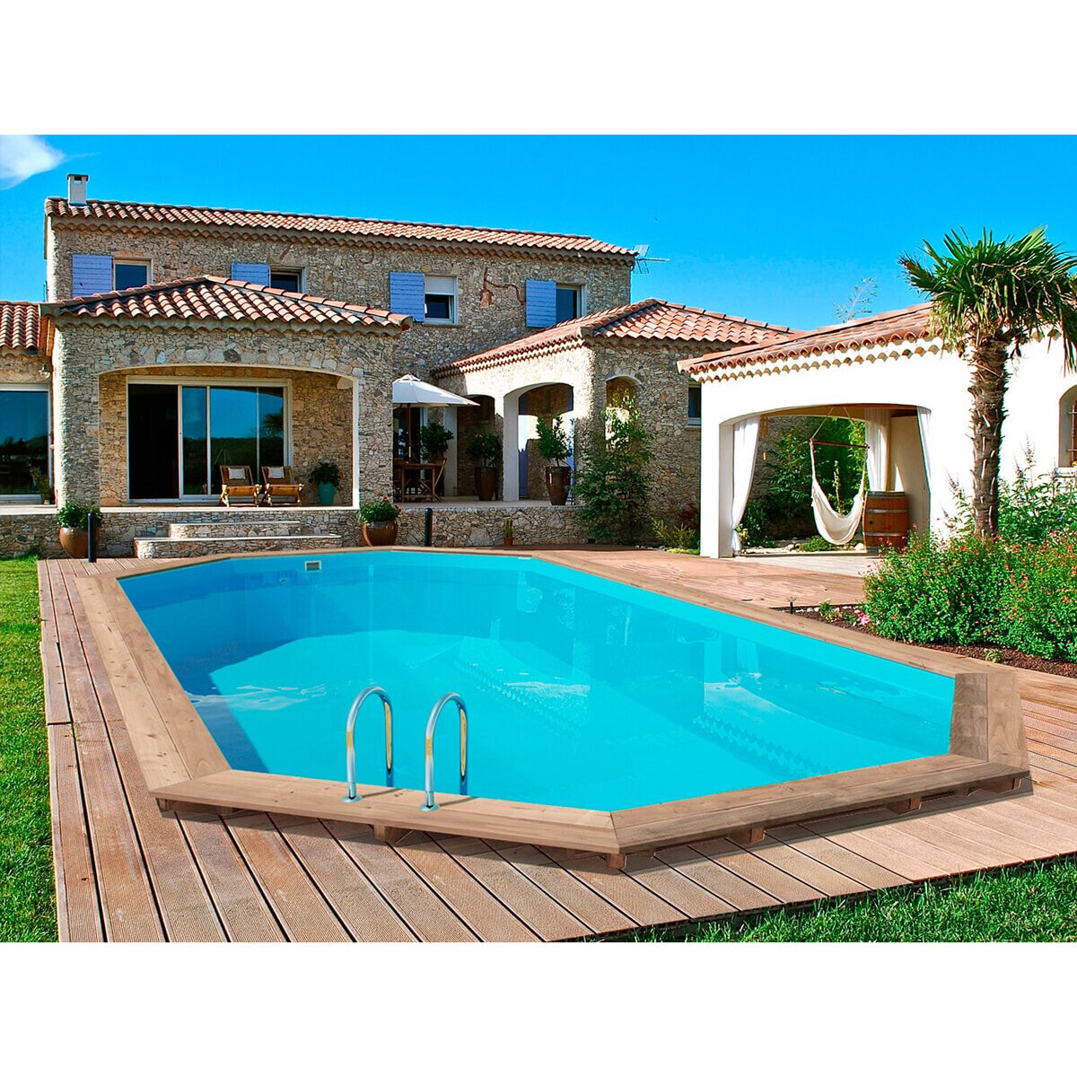 Piscine bois " Palma 130 " - 7.57 x 4.07 x 1.31 m + Pompe à chaleur pour piscine 6 kw/h inverter "PowerLine by Hayward" - Noir