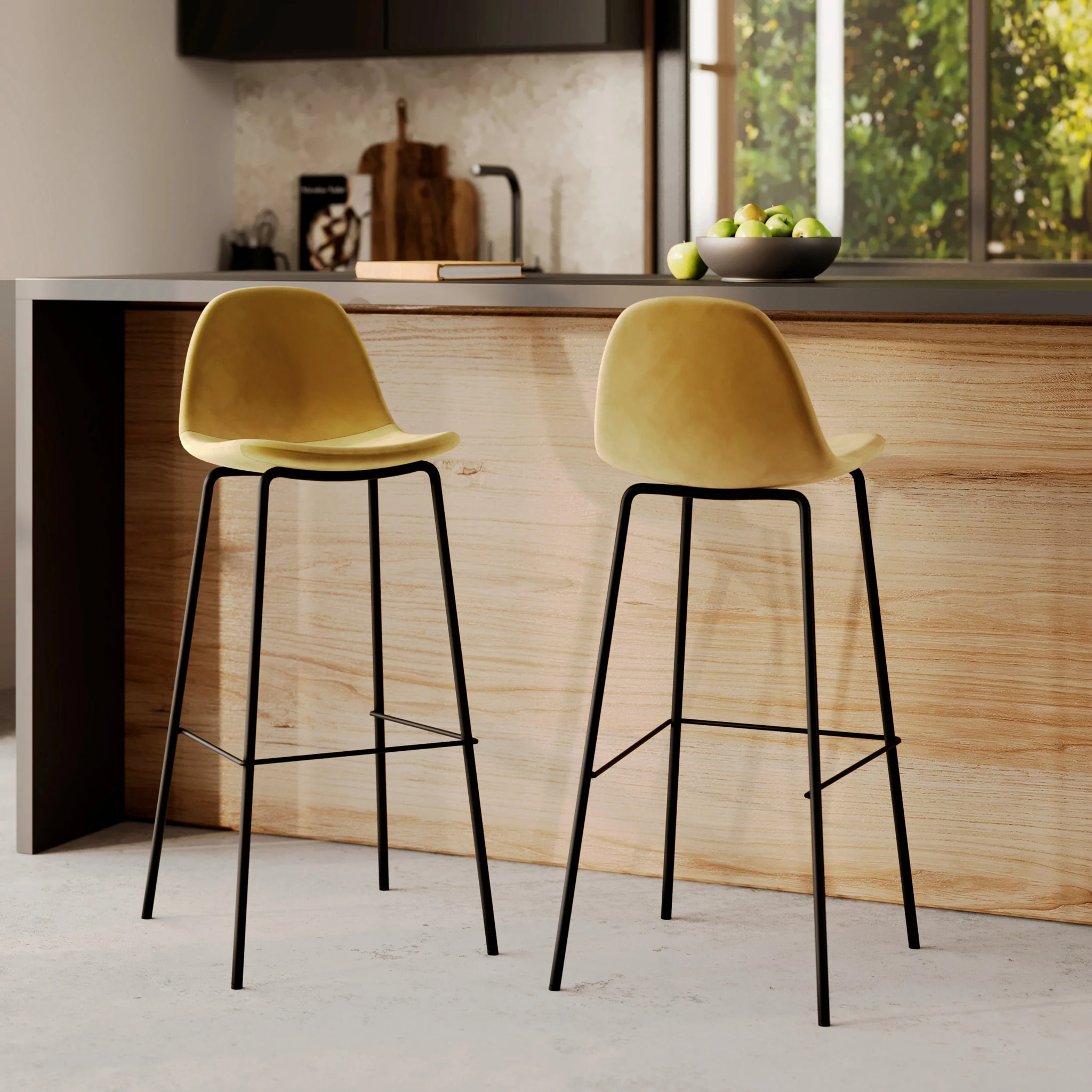 Lot de 2 chaises de bar en velours jaune 75 cm - Henrik